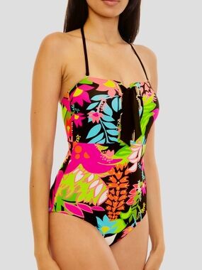 Trina Turk Black One-Piece Swimsuit with Neon Floral Print